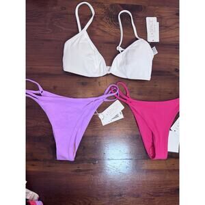 L*Space Ribbed Helena Bikini Top White & Wilder Bottom Hot Pink & Purple S NWT